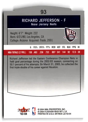 2003-04 SkyBox LE Retail #93 Richard Jefferson NM Near Mint NJ Nets ID:66910 - Basketball Card Single