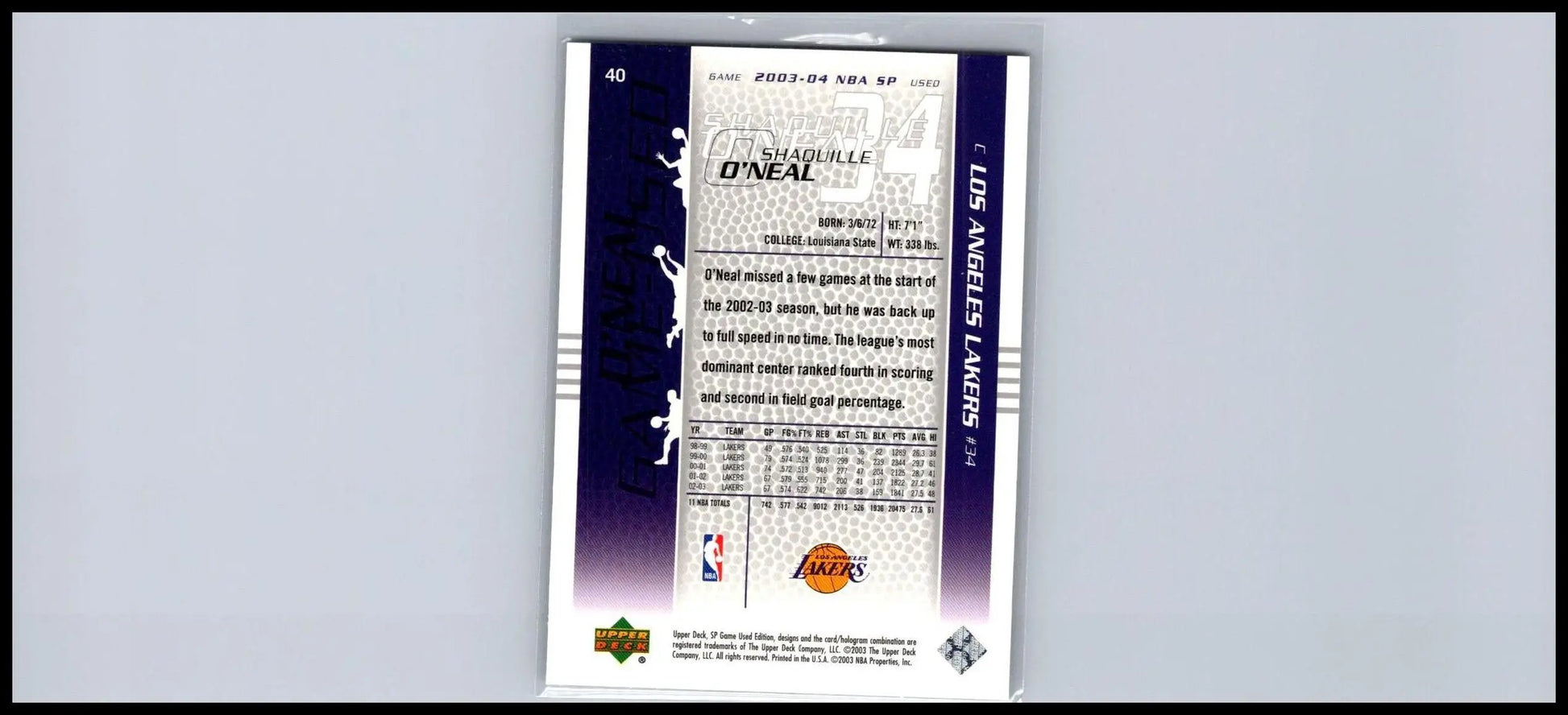 Shaquille O’Neal trading card from 2003-04 SP Game Used #40 featuring the NBA star