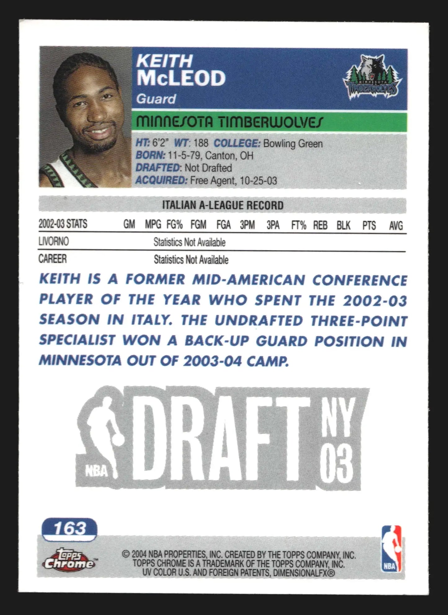2003-04 Topps Chrome Keith McLeod #163 RC Minnesota Timberwolves - Basketball Card Single