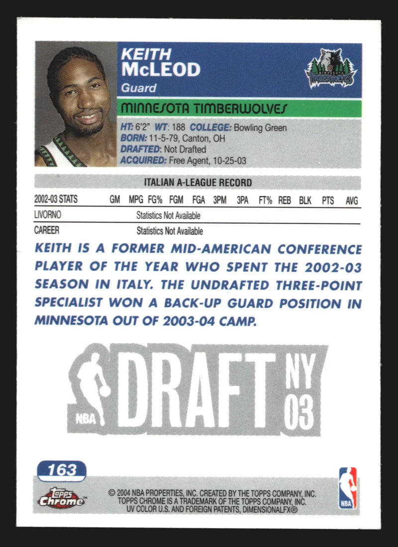 2003-04 Topps Chrome Keith McLeod #163 RC Minnesota Timberwolves - Basketball Card Single
