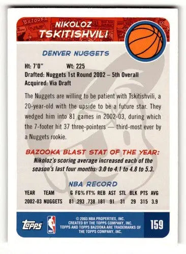 2003 Bazooka #159 Nikoloz Tskitishvili Denver Nuggets Basketball Car ID:58756 - Basketball Card Single