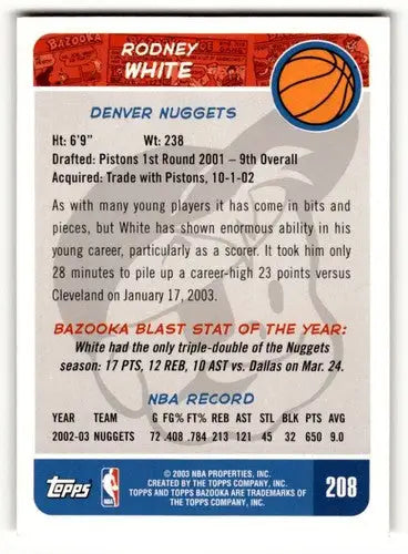 2003 Bazooka #208 Rodney White Denver Nuggets Basketball Cards EX/NM ID:58750 - Basketball Card Single