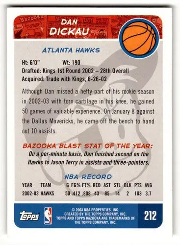 2003 Bazooka #212 Dan Dickau Atlanta Hawks Basketball Cards EX/NM ID:58762 - Basketball Card Single