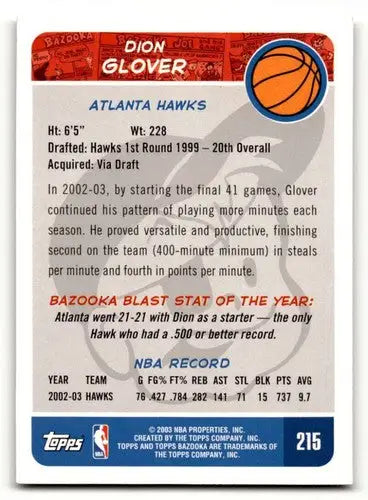 2003 Bazooka #215 Dion Glover Atlanta Hawks Basketball Cards EX/NM ID:58727 - Basketball Card Single