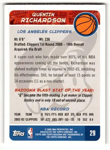 2003 Bazooka #29 Quentin Richardson Los Angeles Clippers Basketball ID:58759 - Basketball Card Single