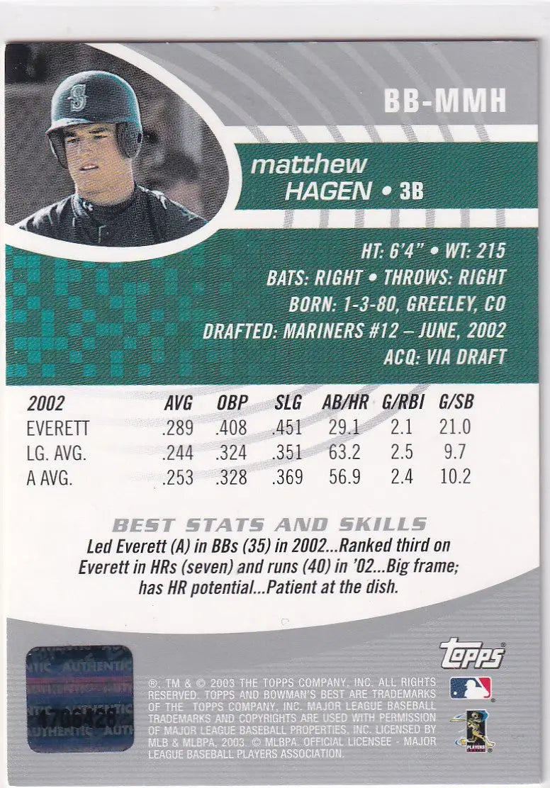 2003 BOWMAN BEST #BB-MMH MATTEW HAGEN AUTO- SEATTLE MARINERS - Baseball Card Single