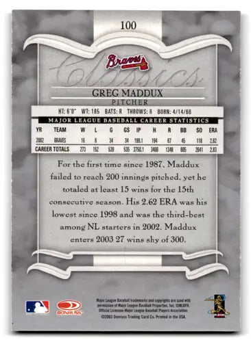 Back of 2003 Donruss Classics Greg Maddux trading card with career stats and original gloss