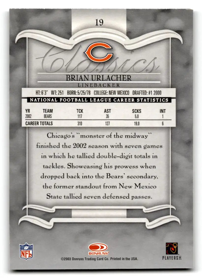 2003 Donruss Classics #19 Brian Urlacher - Football Card Single