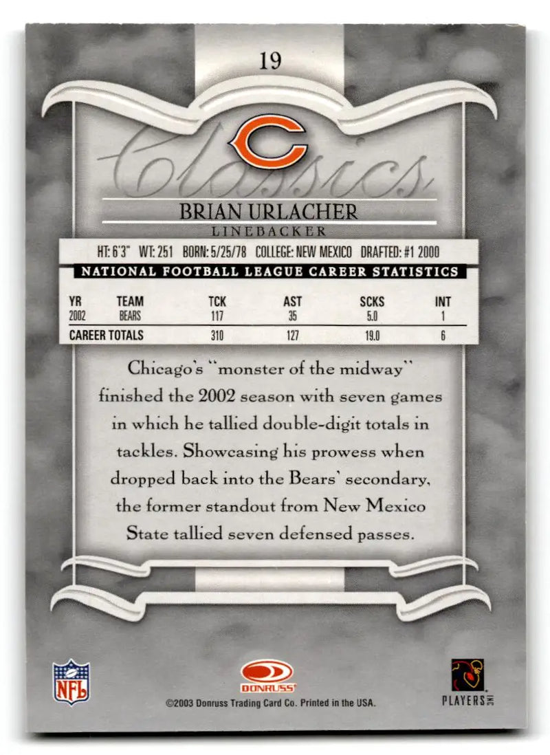 2003 Donruss Classics #19 Brian Urlacher - Football Card Single