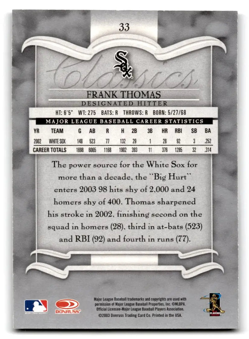 2003 Donruss Classics #33 Frank Thomas - Baseball Card Single