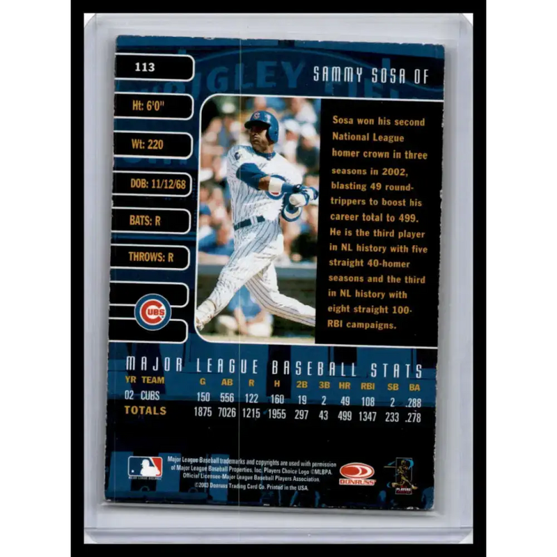 2003 Donruss Studio #113 Sammy Sosa P Chicago Cubs Baseball Card - Baseball Card Single