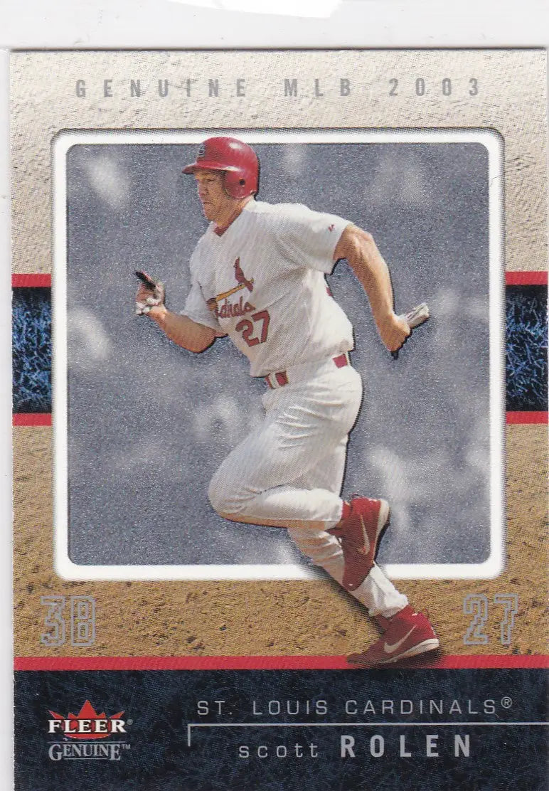 Baseball card of Scott Rolen in white and red uniform for Fleer Genuine Louis Cardinals