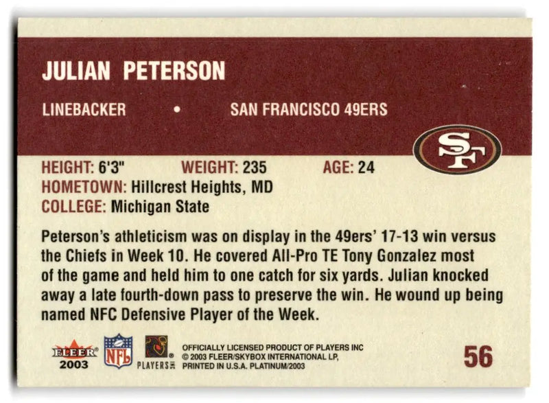 2003 Fleer Platinum #56 Julian Peterson - Football Card Single