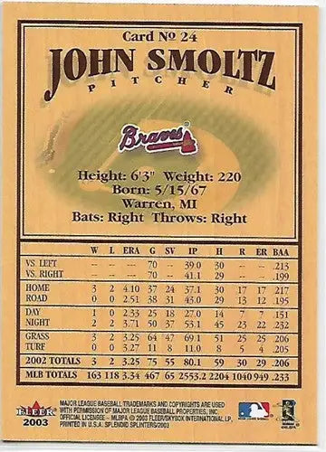 2003 Fleer Splendid Splinters #24 John Smoltz NM-MT Braves - Baseball Card Single