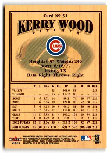 2003 Fleer Splendid Splinters Kerry Wood baseball card Cub NM-MT ID:73269