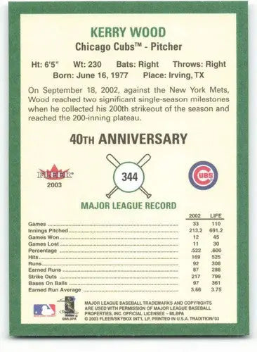 Original gloss Fleer Tradition Kerry Wood baseball card from 2003 Fleer Tradition series