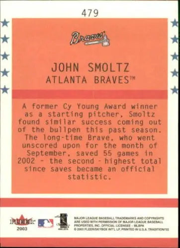 Back of a John Smoltz Fleer Tradition baseball card with original gloss from 2003 Braves