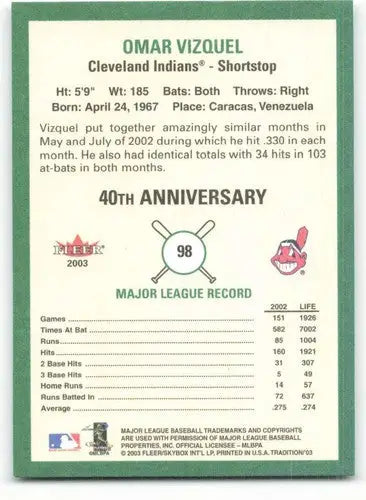 2003 Fleer Tradition Omar Vizquel baseball card with original gloss and vibrant details