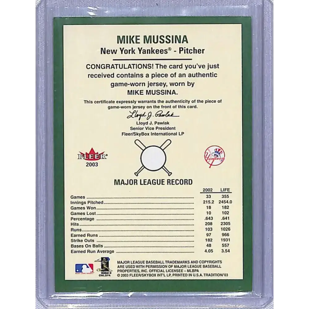 2003 Fleer Tradition #NNO Mike Mussina Game-Used NM-MT Baseball Card - Baseball Card Single