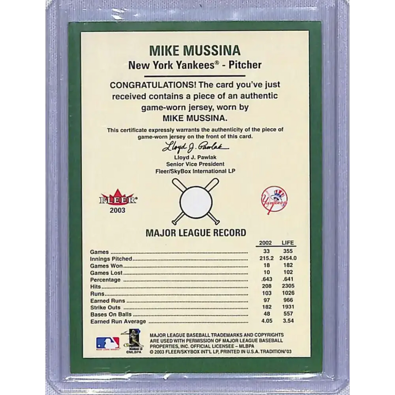 2003 Fleer Tradition #NNO Mike Mussina Game-Used NM-MT Baseball Card - Baseball Card Single