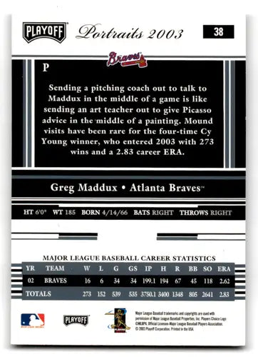 2003 Playoff Portraits #38 Greg Maddux NM-MT Braves ID:72418 - Baseball Card Single