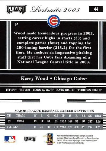 Original gloss baseball card featuring Kerry Wood from 2003 Playoff Portraits collection