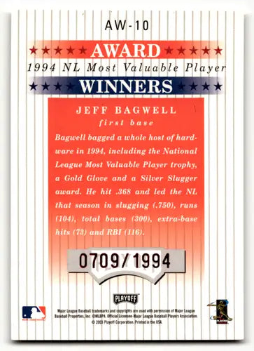 2003 Playoff Prestige Award Winners #10 Jeff Bagwell NM-MT 0709/1994 As ID:60893 - Baseball Card Single