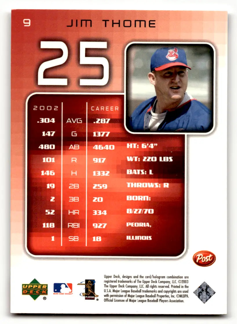 2003 Post Upper Deck Baseball Card #9 Jim Thome Cleveland Indians Phillies - Baseball Card Single