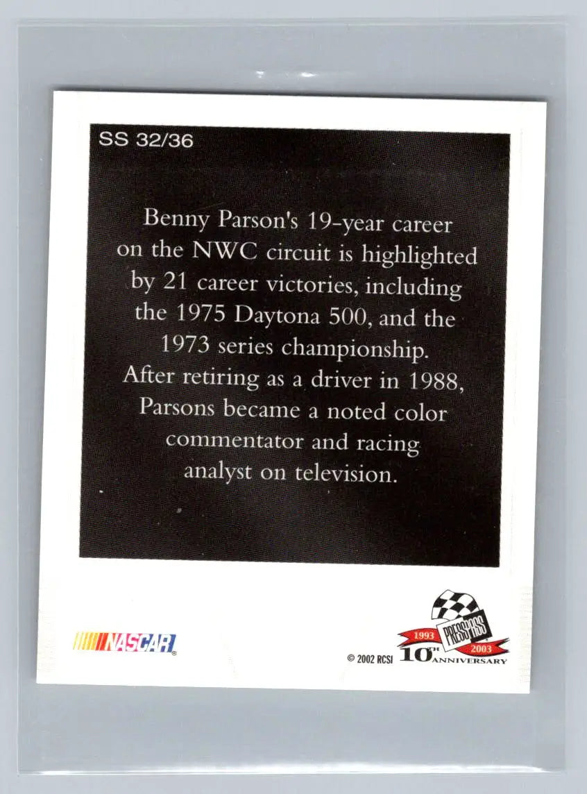 2003 Press Pass #SS 32 Benny Parsons Snapshots - Racing Card Single