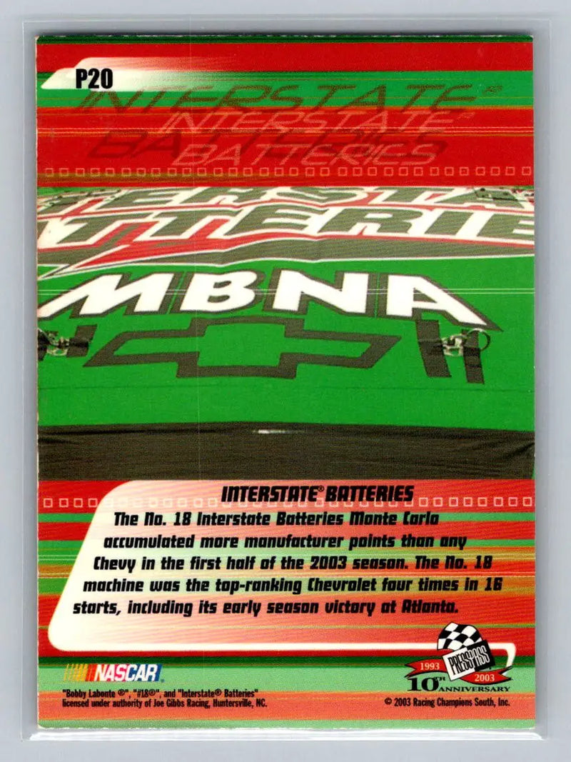 2003 Press Pass Stealth #P20 Interstate Batteries Chevrolet Red Joe Gibbs Racing - Racing Card Single