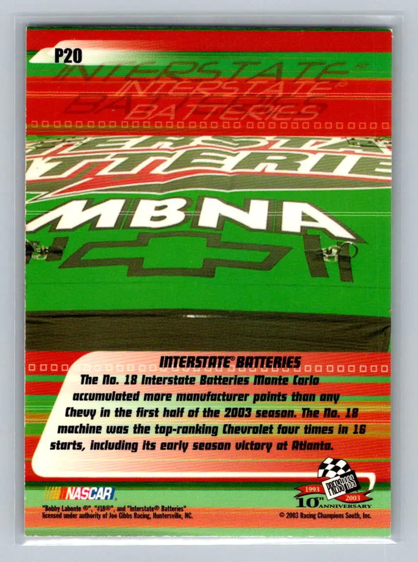 2003 Press Pass Stealth #P20 Interstate Batteries Chevrolet Red Joe Gibbs Racing - Racing Card Single