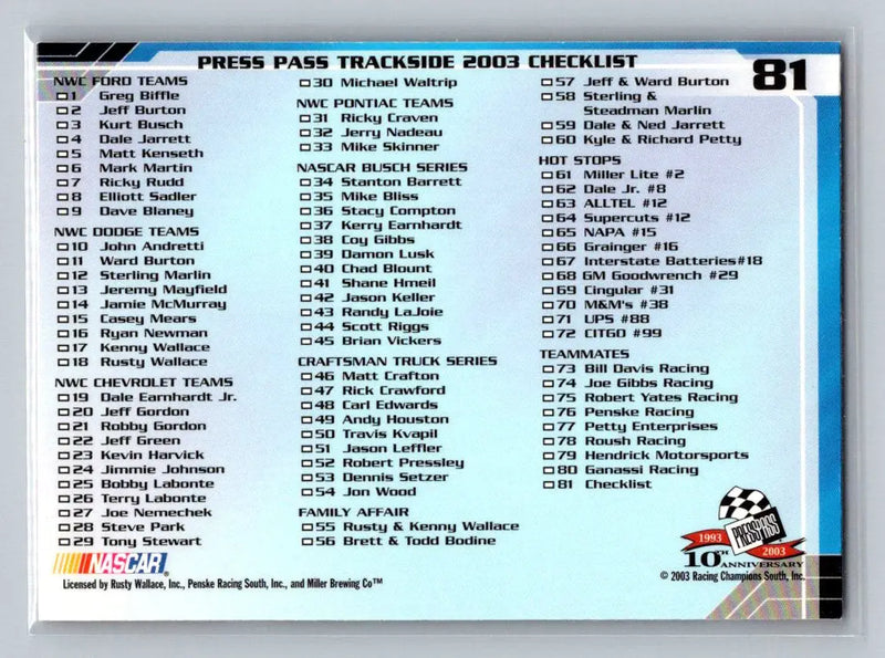 2003 Press Pass Trackside #81 Press Pass Trackside Penske Racing South - Racing Card Single