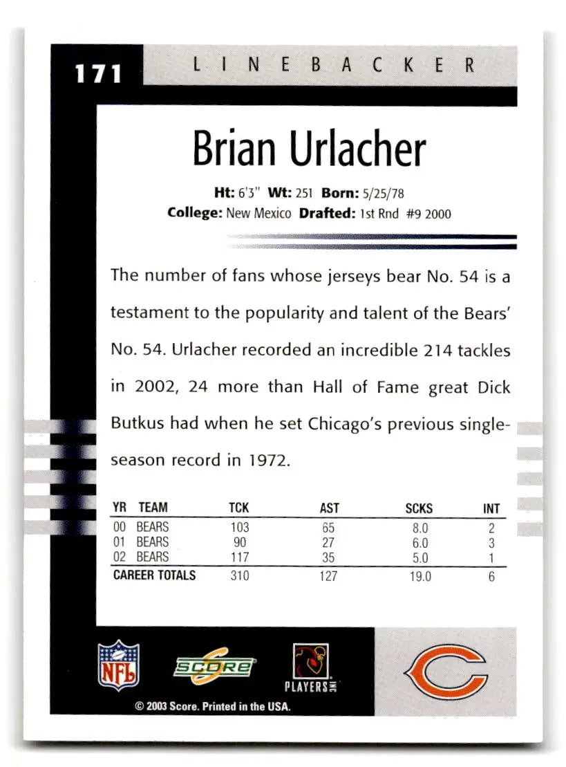 2003 Score #171 Brian Urlacher - Football Card Single