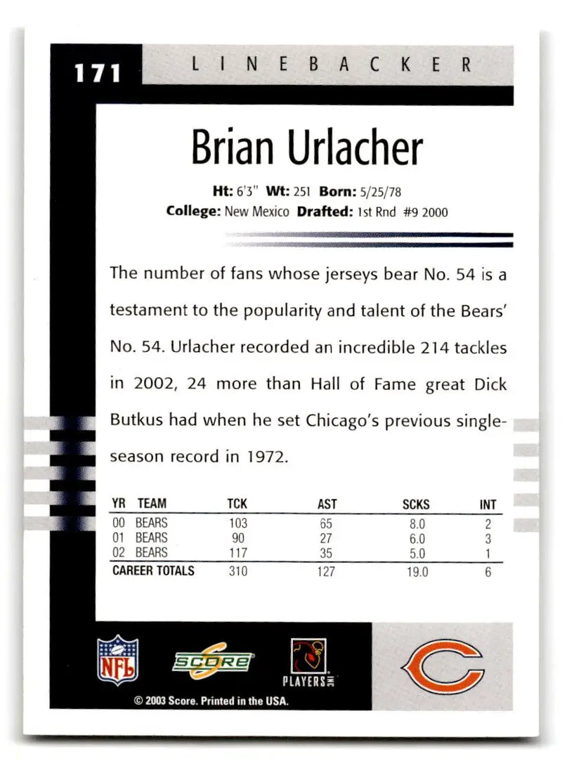 2003 Score #171 Brian Urlacher - Football Card Single