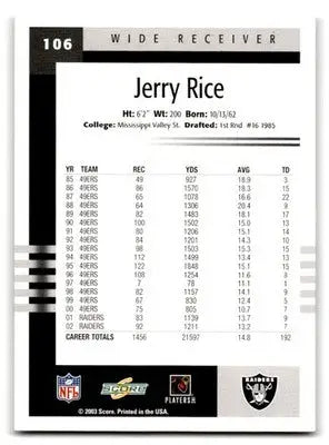 2003 Score Football Jerry Rice #106 Oakland Raiders - Football Card Single