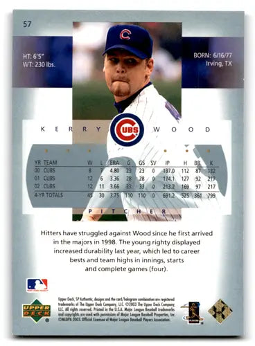 2003 SP Authentic Kerry Wood baseball card with original gloss and NM-MT condition