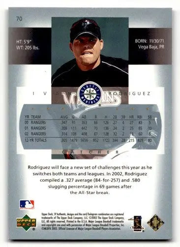 Baseball card back with original gloss for Ivan Rodriguez Florida Marlins 2003 SP Authentic