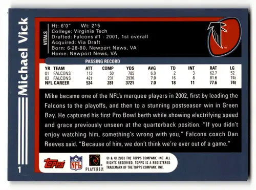 Original gloss Michael Vick football card from 2003 Topps NM-MT Falcons