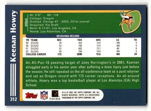 2003 Topps #312 Keenan Howry Minnesota Vikings Football Cards EX/NM ID:62891 - Football Card Single