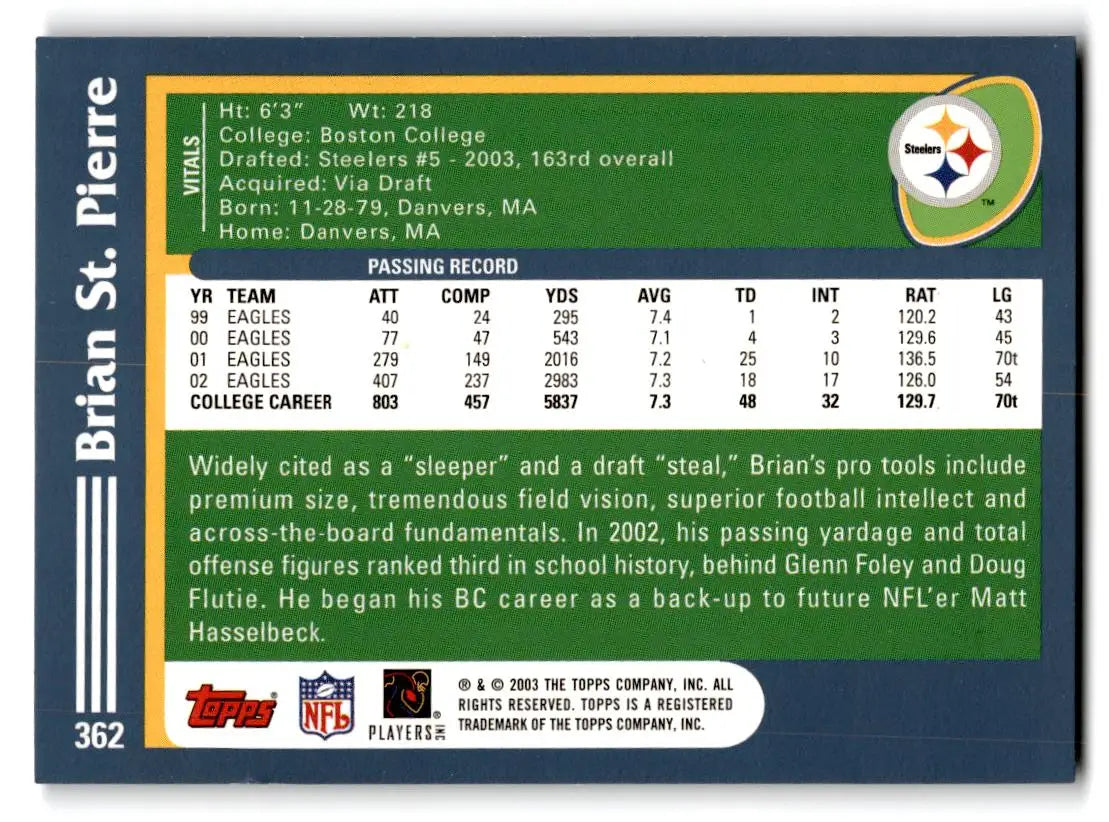 2003 Topps #362 Brian St. Pierre - Football Card Single