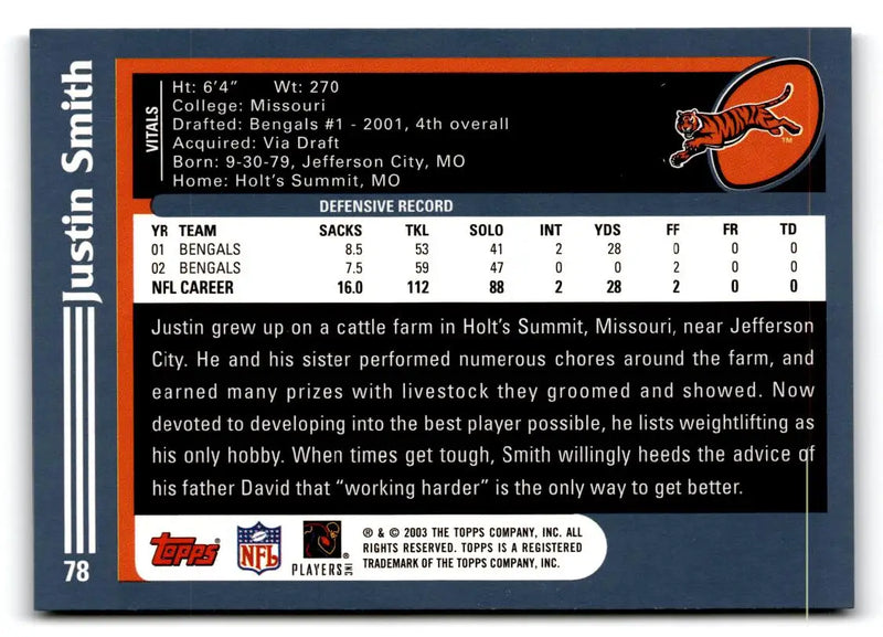 2003 Topps #78 Justin Smith - Football Card Single