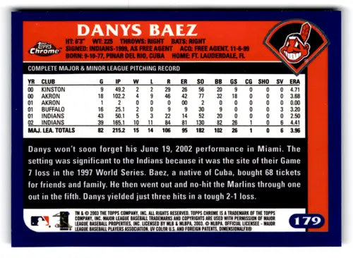 Original gloss Danys Baez baseball card from 2003 Topps Chrome Indians series