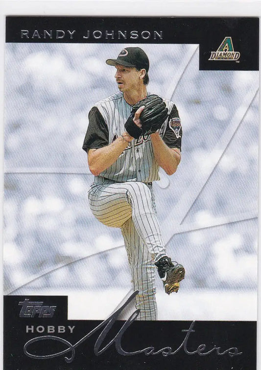 Baseball card of Randy Johnson pitching in pinstripes from 2003 Topps Hobby Masters
