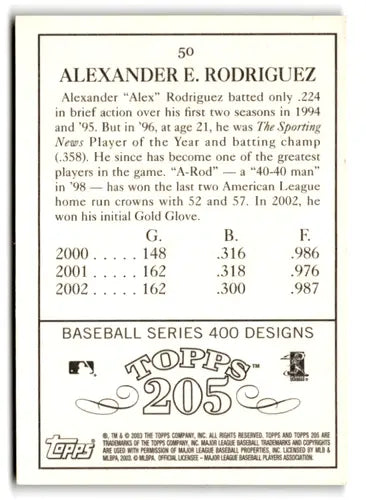 2003 Topps T205 #50A Alex Rodriguez NM Near Mint Rangers ID:82701 - Baseball Card Single