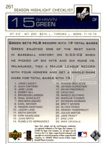 Original gloss Shawn Green baseball card from 2003 Upper Deck Dodgers collection