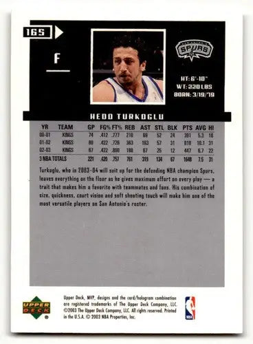 2003 Upper Deck MVP #165 Hedo Turkoglu San Antonio Spurs Basketball ID:58810 - Basketball Card Single