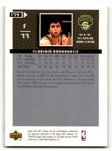 2003 Upper Deck MVP #174 Vladimir Radmanovic Seattle SuperSonics Bas ID:58817 - Basketball Card Single