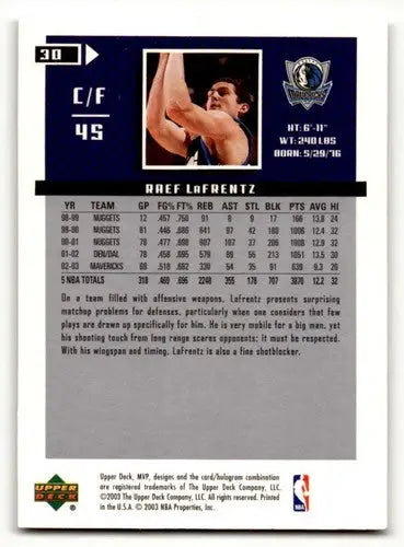 2003 Upper Deck MVP #30 Raef LaFrentz Dallas Mavericks Basketball Ca ID:58809 - Basketball Card Single
