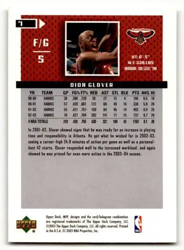 2003 Upper Deck MVP #7 Dion Glover Atlanta Hawks Basketball Cards EX ID:58819 - Basketball Card Single