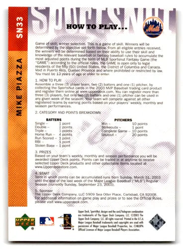 Sportsnut fantasy game rules on an original gloss 2003 Upper Deck MVP SportsNut Mike Piazza card